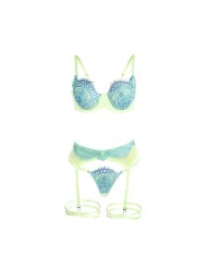 SUBBLIME - 955311 ENSEMBLE SOUTIEN-GORGE AVEC LIGNES DENTELLE ET JARRETELLE VERT ET BLEU S/M