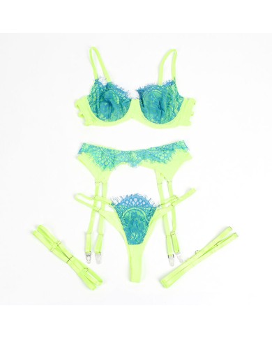 SUBBLIME - 955328 ENSEMBLE SOUTIEN-GORGE AVEC LIGNES DENTELLE ET JARRETELLE VERT ET BLEU L/XL