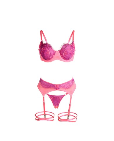 SUBBLIME - 955366 ENSEMBLE SOUTIEN-GORGE AVEC LIGNES DE DENTELLE ET JARRETELLES ROSE ET VIOLET L/XL