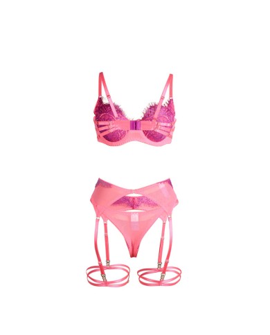 SUBBLIME - 955366 ENSEMBLE SOUTIEN-GORGE AVEC LIGNES DE DENTELLE ET JARRETELLES ROSE ET VIOLET L/XL