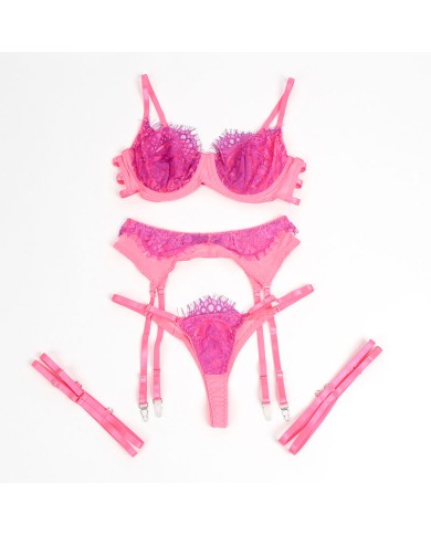 SUBBLIME - 955366 ENSEMBLE SOUTIEN-GORGE AVEC LIGNES DE DENTELLE ET JARRETELLES ROSE ET VIOLET L/XL