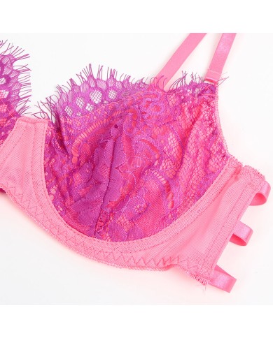 SUBBLIME - 955366 ENSEMBLE SOUTIEN-GORGE AVEC LIGNES DE DENTELLE ET JARRETELLES ROSE ET VIOLET L/XL