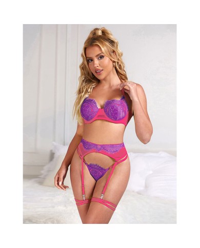 SUBBLIME - 955366 ENSEMBLE SOUTIEN-GORGE AVEC LIGNES DE DENTELLE ET JARRETELLES ROSE ET VIOLET L/XL