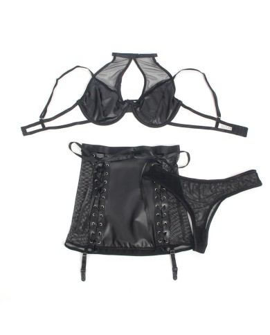 SUBBLIME - 957582 ENSEMBLE SOUTIEN-GORGE ET JUPE EN CUIR NOIR S/M