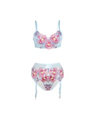 SUBBLIME - 957643 ENSEMBLE SOUTIEN-GORGE ET PORTE-JARRETELLES BRODÉ FLEURS ROSE S/M