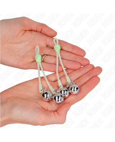 KINK - PINCES À TETON LUMINEUSES CRÂNE AVEC ANNEAU CLOCHES RÉGLABLES VERT / ARGENT