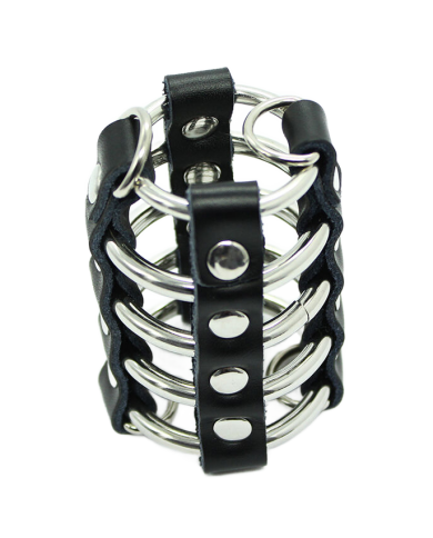 OHMAMA FETISH - CAGE PÉNIS AVEC ANNEAUX MÉTALLIQUES ET SANGLE EN CUIR