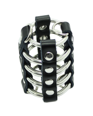 OHMAMA FETISH - CAGE PÉNIS AVEC ANNEAUX MÉTALLIQUES ET SANGLE EN CUIR