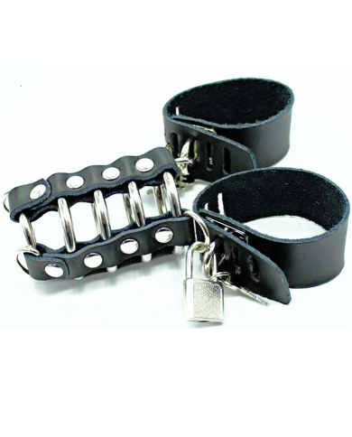 OHMAMA FETISH - CAGE PÉNIS AVEC ANNEAUX MÉTALLIQUES ET SANGLE EN CUIR