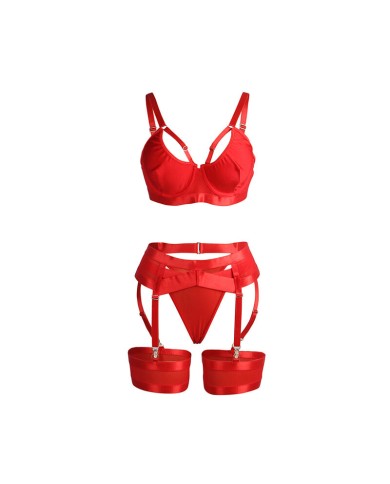 SUBBLIME - 955250 ENSEMBLE SOUTIEN-GORGE BONDAGE ROUGE AVEC JARRETELLES S/M