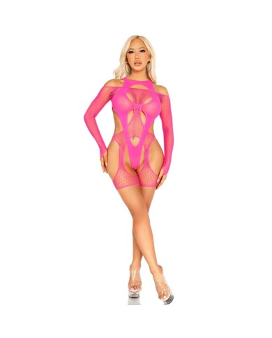 LEG AVENUE - BODYSTOCKING RÉSEILLE AVEC PORTE-JARRETELLES ET HARNAIS ROSE FLUO