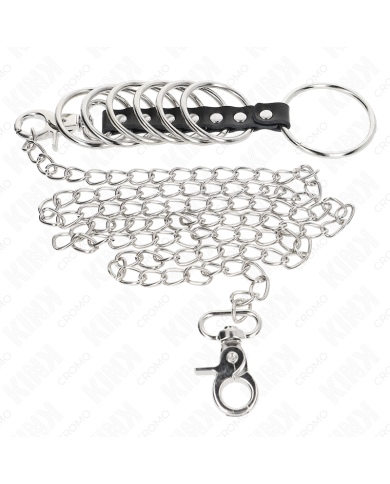 KINK - 7 ANNEAUX PÉNIS EN MÉTAL DE 3,8 CM À 5 CM CONNECTÉS AVEC DU CUIR ET UNE CHAÎNE EN MÉTAL 100 CM