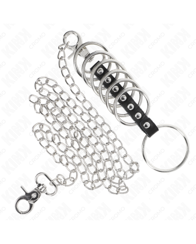 KINK - 7 ANNEAUX PÉNIS EN MÉTAL DE 3,8 CM À 5 CM CONNECTÉS AVEC DU CUIR ET UNE CHAÎNE EN MÉTAL 100 CM