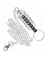 KINK - 7 ANNEAUX PÉNIS EN MÉTAL DE 3,8 CM À 5 CM CONNECTÉS AVEC DU CUIR ET UNE CHAÎNE EN MÉTAL 100 CM
