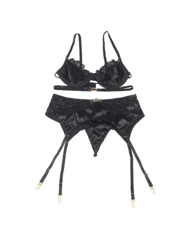 SUBBLIME - ENSEMBLE 3 PIÈCES SOUTIEN-GORGE + STRING + JARRETIÈRE DENTELLE NOIR S/M