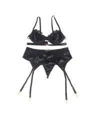 SUBBLIME - ENSEMBLE 3 PIÈCES SOUTIEN-GORGE + STRING + JARRETIÈRE DENTELLE NOIR S/M