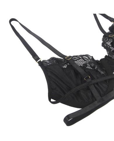 SUBBLIME - ENSEMBLE 3 PIÈCES SOUTIEN-GORGE + STRING + JARRETIÈRE DENTELLE NOIR S/M