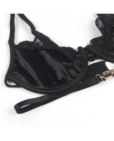 SUBBLIME - ENSEMBLE 3 PIÈCES SOUTIEN-GORGE + STRING + JARRETIÈRE DENTELLE NOIR S/M