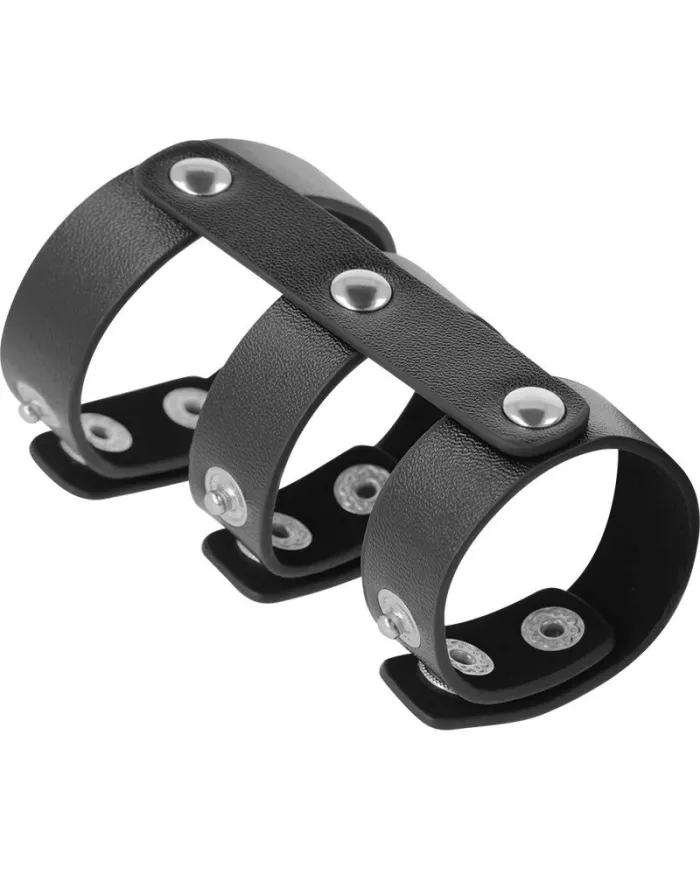 DARKNESS - DOUBLE ANNEAU DE PÉNIS ET TESTICULES EN CUIR RÉGLABLE