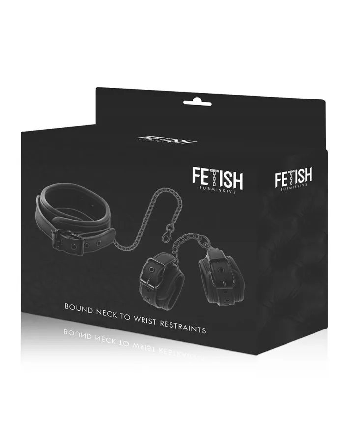 FETISH SUBMISSIVE - COLLIER ET MENOTTES EN CUIR VÉGAN AVEC DOUBLURE EN NOPRÈNE FETISH SUBMISSIVE - COLLIER ET MENOTTES EN CUIR VÉGAN AVEC DOUBLURE EN NOPRÈNE