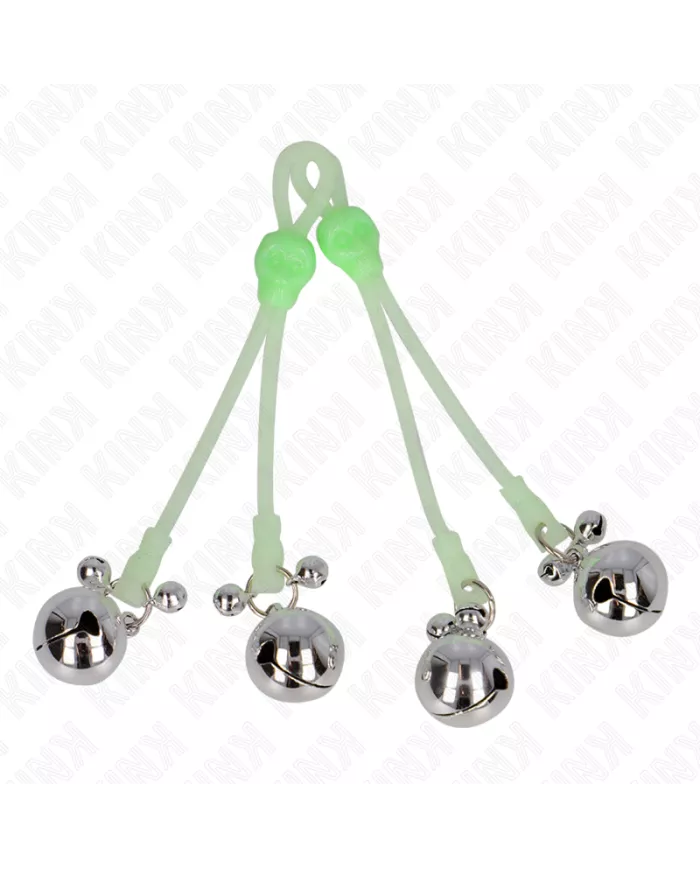 KINK - PINCES À TETON LUMINEUSES CRÂNE AVEC ANNEAU CLOCHES RÉGLABLES VERT / ARGENT