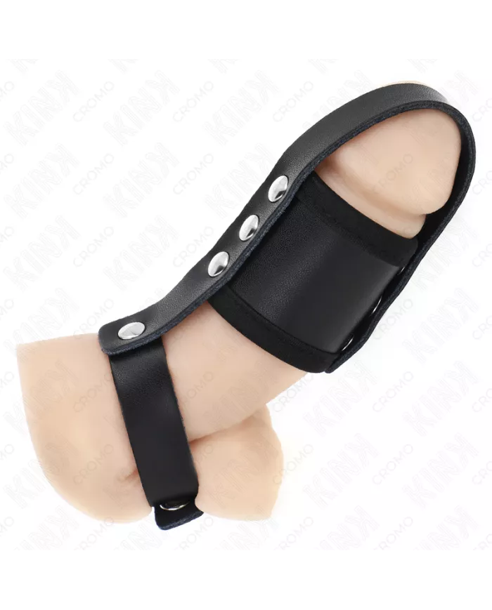KINK - ANNEAU DE CAGE À PÉNIS EN CUIR AVEC SANGLE RÉGLABLE DE SÉPARATION DES BALLES REVÊTUEUSE