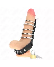 KINK - ANNEAU PÉNIS EN CUIR AVEC SANGLE DE VERROUILLAGE 21 X 2 CM ET 5 ANNEAUX MÉTALLIQUES DE 3 CM À 4 CM