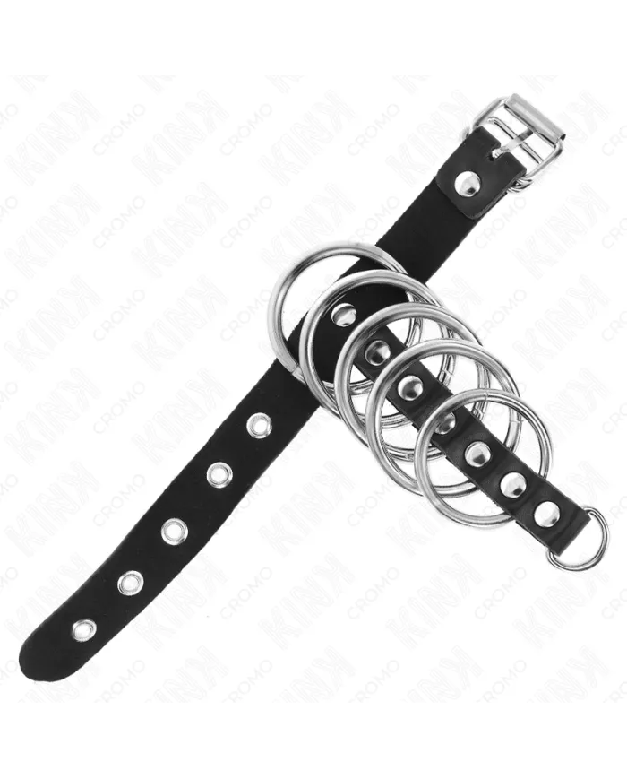 KINK - ANNEAU PÉNIS EN CUIR AVEC SANGLE DE VERROUILLAGE 21 X 2 CM ET 5 ANNEAUX MÉTALLIQUES DE 3 CM À 4 CM
