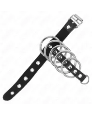 KINK - ANNEAU PÉNIS EN CUIR AVEC SANGLE DE VERROUILLAGE 21 X 2 CM ET 5 ANNEAUX MÉTALLIQUES DE 3 CM À 4 CM