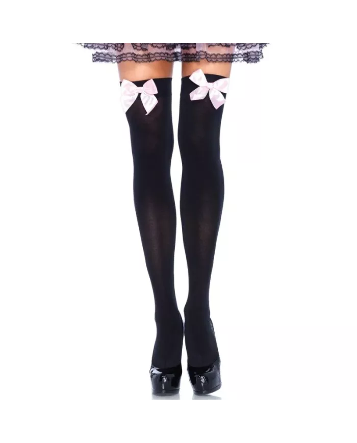 LEG AVENUE - CUISSES HAUTES EN NYLON NOIR AVEC NOEUD ROSE TAILLE UNIQUE LEG AVENUE - CUISSES HAUTES EN NYLON NOIR AVEC NOEUD ROSE TAILLE UNIQUE